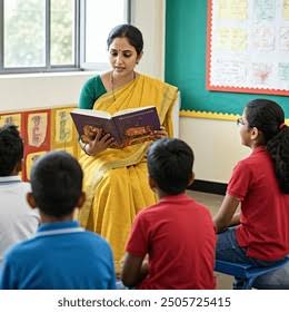 A teacher reading to children in a classroom