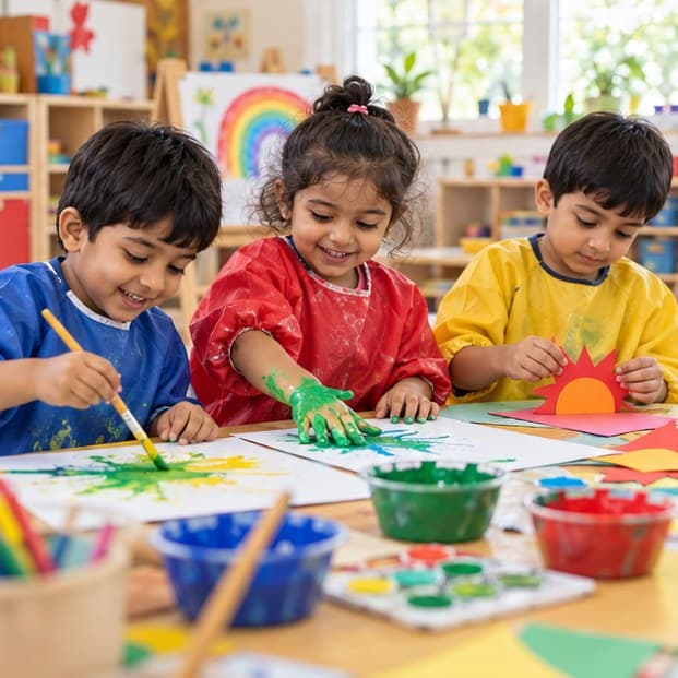 Children painting colorful artwork together