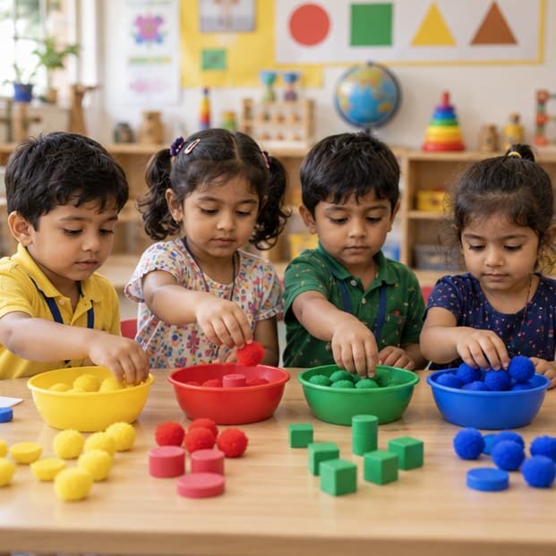 Children sorting colorful objects during a daycare activity