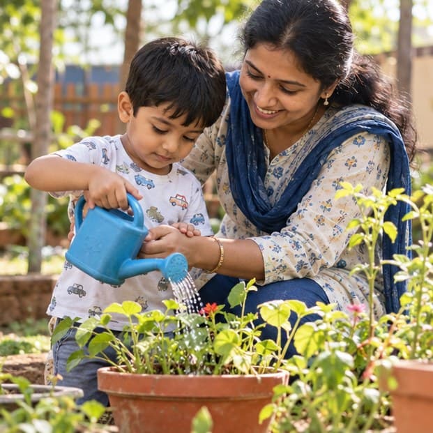 A teacher helping children care for a classroom garden