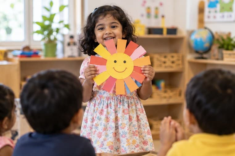 A Littlelings teacher supporting children with a paper craft