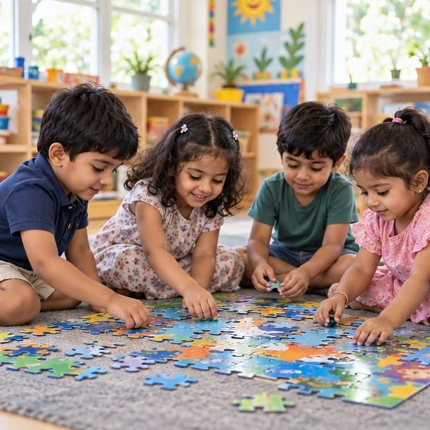 Children working together on a floor puzzle