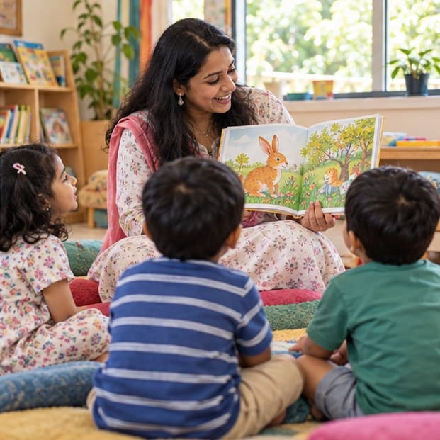 A teacher reading a picture book to a small group