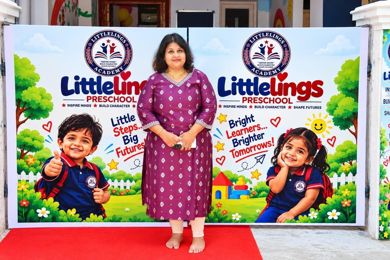 Ms. Sangeetha at the Littlelings Preschool inauguration display