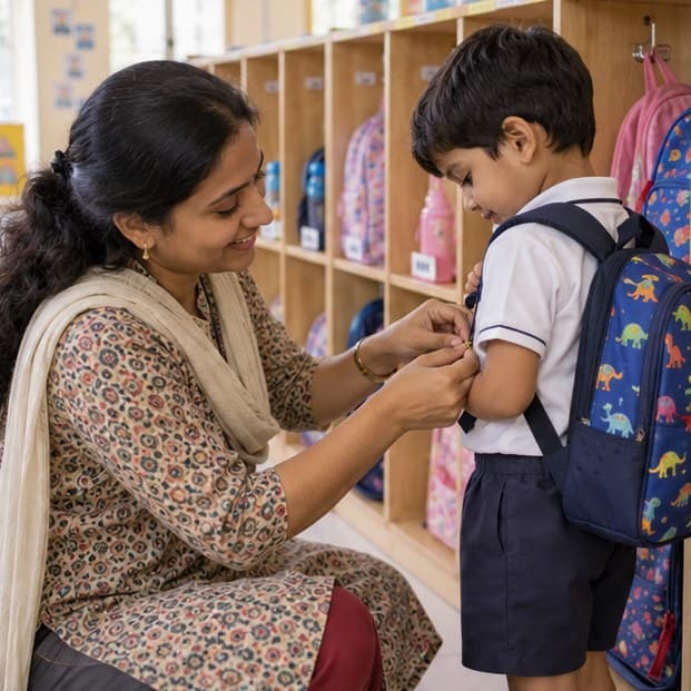 A teacher welcoming a child into the classroom